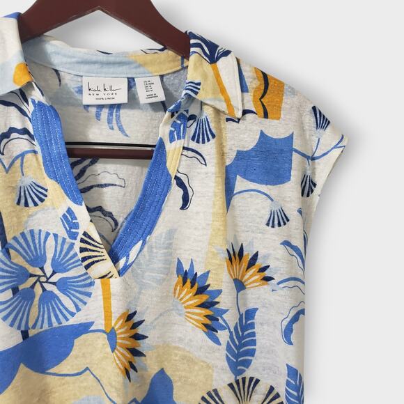 Nicole Miller Tropical Floral Print Linen Collar Top Medium Blue Multi Summer - Picture 2 of 9